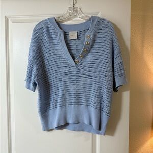 Varley Blue Knit Short Sleeve Sweater with Button Detail
